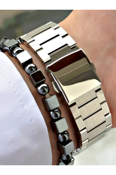 Ferrucci Gümüş Renk Yeşil Şık Spor Çelik Kordon Fonksiyonlu Erkek Kol Saati + BİLEKLİK - Resim 4