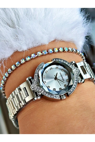 Chaperone Gümüş Renk Taşlı Model Minimal Aynalı Kadın Kol Saati + BİLEKLİK - Resim 3