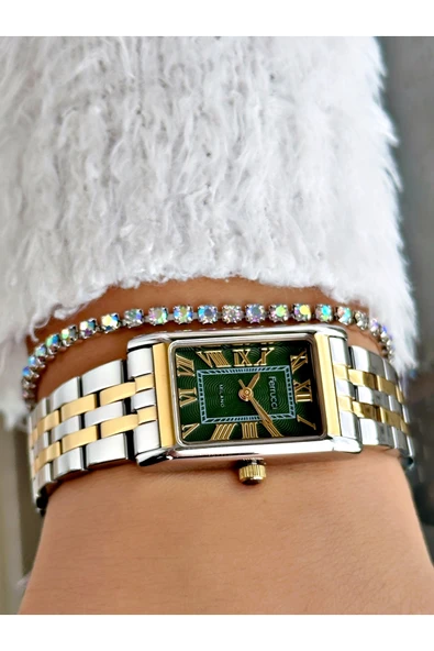 Ferrucci Altın Gümüş Renk Kare Model Roma Rakamlı Çelik Kordon Kadın Kol Saati + BİLEKLİK - Resim 3