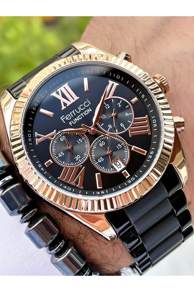 Ferrucci Siyah Rose Gold Renk Fonksiyonlar Aktif Erkek Kol Saati + Bileklik - Resim 3