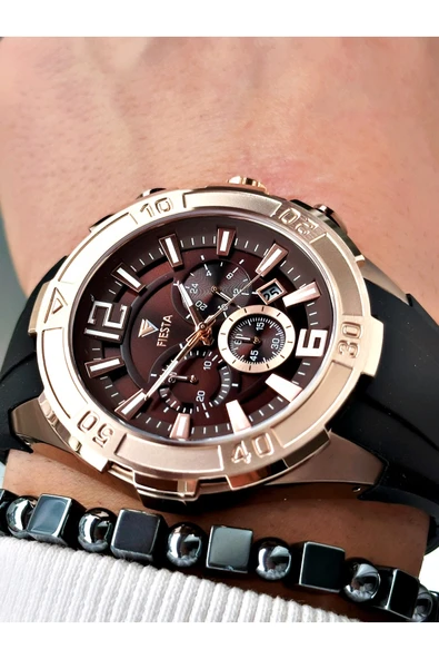 Fiesta Siyah Renk Spor Silikon Çelik Kasa Erkek Kol Saati + BİLEKLİK - Resim 2