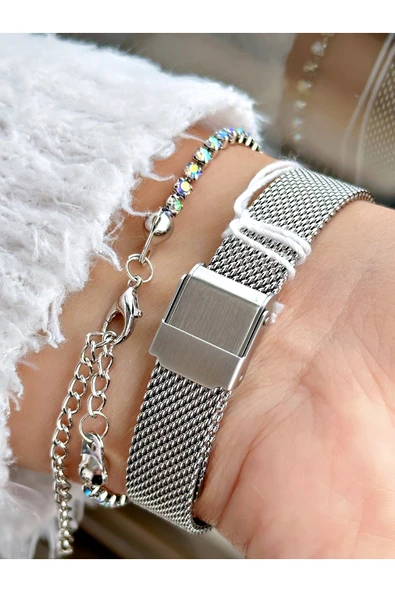 Ferrucci Gümüş Renk Kesme Cam Model Hasır Kordon  Kadın Kol Saati + BİLEKLİK - Resim 3