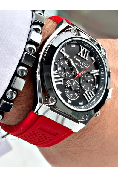 Ferrucci Kırmızı Renk Silikon Fonksiyonlar Aktif Spor Erkek Kol Saati + BİLEKLİK ürün görseli 1