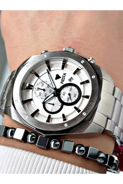 Fiesta Gümüş Renk Çelik Elite Mekanizma Garantili Fonksiyonlu Erkek Kol Saati + BİLEKLİK ürün görseli 1
