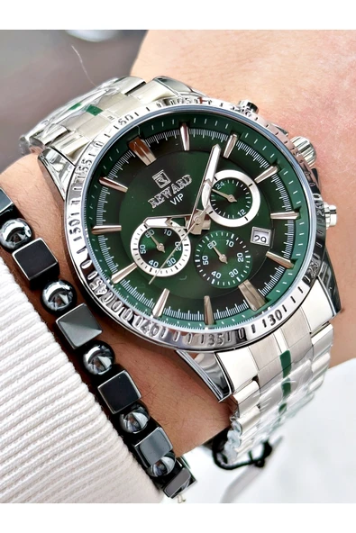 Reward Gümüş Renk Fonksiyonlar Aktif Ortası Şeritli Çelik Kordon Erkek Kol Saati + BİLEKLİK ürün görseli 1