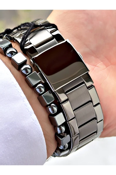 Ferrucci Füme Renk Spor Fonksiyonlu  Çelik Kordon Erkek Kol Saati + BİLEKLİK - Resim 4