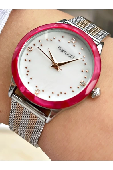 Ferrucci Silver Rose Gold Renk Hasır Metal Kadın Kol Saati ürün görseli 1