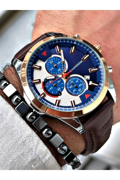 Chaperone Kahverengi Deri Kordon Fonskiyonlu Spor Erkek Kol Saati + BİLEKLİK HEDİYELİ By Reward - Resim 3