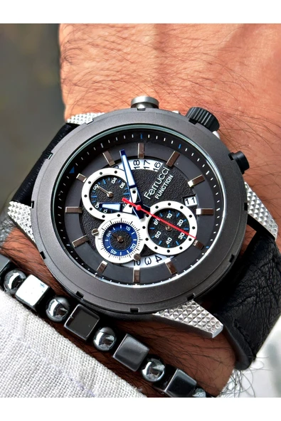 Ferrucci Siyah Renk Deri Kordon Fonksiyonlar Aktif Erkek Kol Saati + BİLEKLİK HEDİYELİ ürün görseli 1