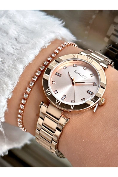 Ferrucci Rose Gold Renk Roma Rakamlı Model Çelik Kordon Kadın Kol Saati + BİLEKLİK HEDİYELİ ürün görseli 1