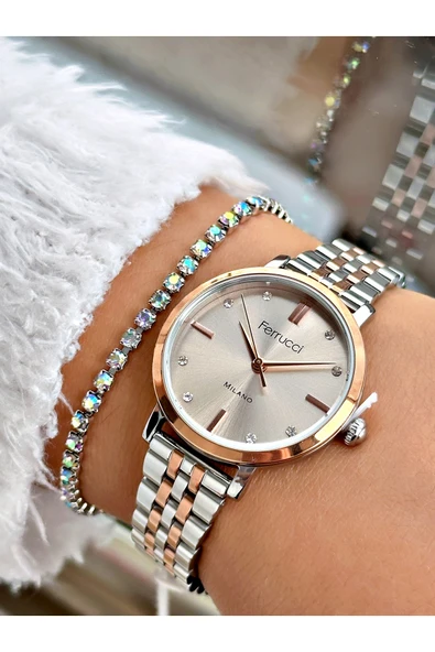 Ferrucci Altın Renk Sade Model Klasik Çelik Kordon Kadın Kol Saati + BİLEKLİK ürün görseli 1