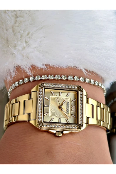 Ferrucci Altın Renk Kare Model Taşlı Çelik Kordon Kadın Kol Saati + BİLEKLİK HEDİYELİ - Resim 3