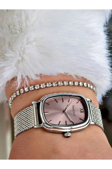 Ferrucci Gümüş Renk Hasır Çelik Kordon Şık Dizayn Kadın Kol Saati + BİLEKLİK HEDİYELİ ürün görseli 1