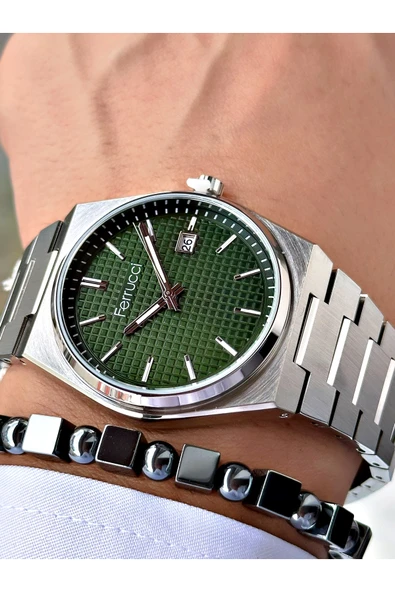 Ferrucci Gümüş Renk Yeşil Şık Spor Çelik Kordon Fonksiyonlu Erkek Kol Saati + BİLEKLİK - Resim 3