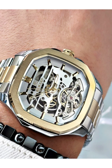Reward Altın Gümüş Renk Otomatik İskelet Kare Model Mekanizma Erkek Kol Saati + BİLEKLİK - Resim 3