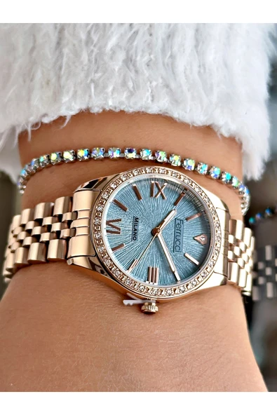 Ferrucci Rose Gold Renk Roma Rakamlı Simli Model Şık Dizayn Kadın Kol Saati + BİLEKLİK - Resim 3