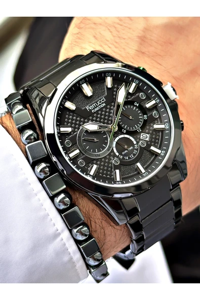 Ferrucci Siyah Renk Fonksiyonlar Aktif Orijinal Çelik Kordon Erkek Kol Saati + BİLEKLİK HEDİYELİ ürün görseli 1