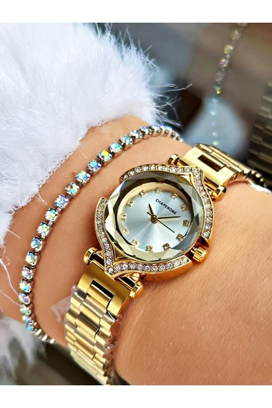 Chaperone Altın Renk Taşlı Model Minimal Aynalı Kadın Kol Saati + BİLEKLİK ürün görseli 1