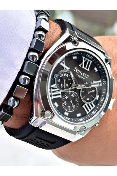 Ferrucci Siyah Renk Silikon Fonksiyonlar Aktif Spor Erkek Kol Saati + BİLEKLİK ürün görseli 1