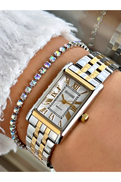 Ferrucci Gümüş Altın Renk Kare Model Roma Rakamlı Çelik Kordon Kadın Kol Saati + BİLEKLİK ürün görseli 1