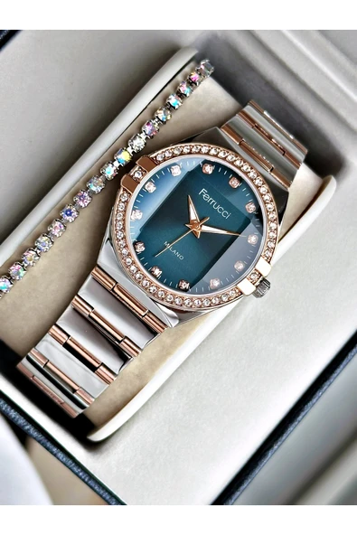 Ferrucci Rose Gold Gümüş Mavi Kadran Renk Aynalı Model Taşlı Model Kadın Kol Saati + BİLEKLİK - Resim 2