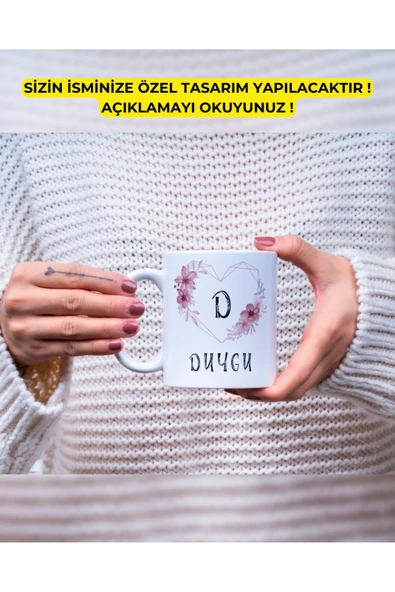 Baş Harf Çiçek Çerçeve Kupa Bardak Kişiye Özel Baskılı Hediye Bardak Mug Kahve Bardağı - Resim 2