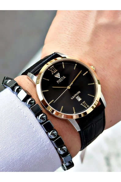 Fiesta Siyah Renk Roma Rakamlı Çelik Kasa Business Erkek Kol Saati + BİLEKLİK - Resim 2