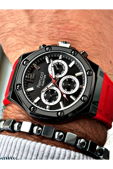 Ferrucci Kırmızı Renk Silikon Spor  Erkek Kol Saati + BİLEKLİK HEDİYELİ ürün görseli 1