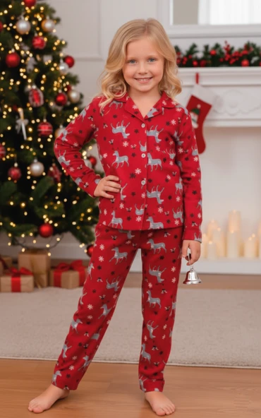 Kız Çocuk Yılbaşı Yeniyıl Temalı Pazen Pijama Takımı KAPI-8255 ürün görseli 1