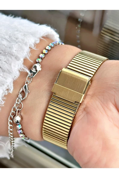 Ferrucci Altın Renk Kare Model Hasır Kordon Kadın Kol Saati + BİLEKLİK - Resim 3