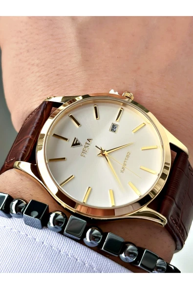 Fiesta Kahve Renk Klasik Sade Model Çelik Kasa Erkek Kol Saati + BİLEKLİK ürün görseli 1