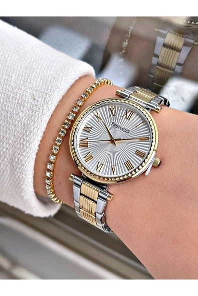 Ferrucci Gümüş-altın Renk Çelik Kordon Kadın Kol Saati Bileklik Hediyeli - Resim 2