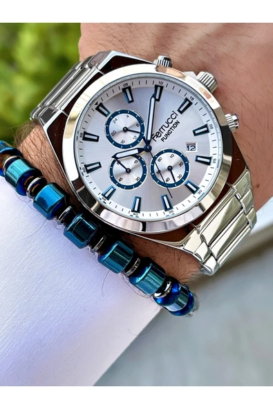 Ferrucci Gümüş Renk Silver Kadran Fonsiyonlar Aktif Çelik Kordon Erkek Kol Saati + Bileklik - Resim 3