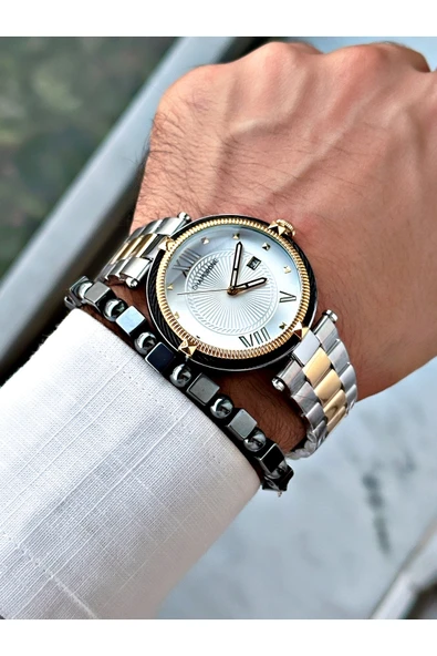 Chaperone Altın Gümüş Renk Roma Rakamlı Sade Klasik Model Çelik Kordon Erkek Kol Saati + BİLEKLİK By Reward - Resim 2