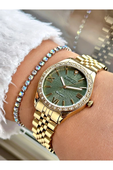 Ferrucci Altın Renk Roma Rakamlı Simli Model Şık Dizayn Kadın Kol Saati + BİLEKLİK ürün görseli 1