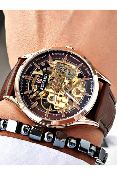 Reward Kahverengi Deri Kordon Otomatik Business Erkek Kol Saati + BİLEKLİK HEDİYELİ - Resim 2