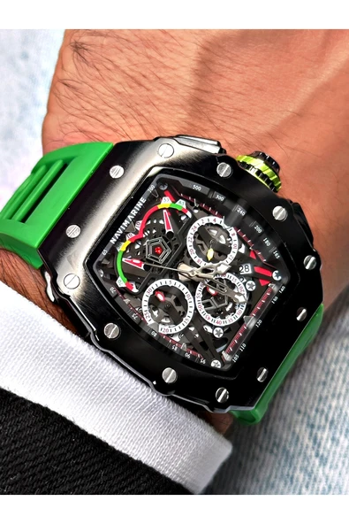 Navimarine Yeşil Renk Fonksiyonlu Spor Silikon Kare Erkek Kol Saati + BİLEKLİK HEDİYELİ - Resim 2