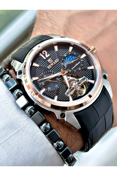 Reward Siyah Renk Deri Kordon Çelik Kasa  Mekanizma Lüx Erkek Kol Saati + BİLEKLİK HEDİYELİ - Resim 4