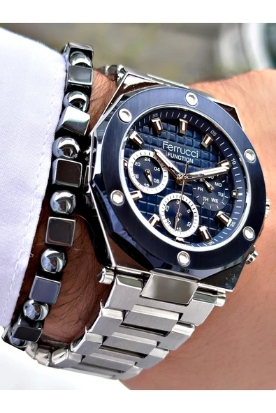Ferrucci Gümüş Renk Çelik Kordon Spor Model  Erkek Kol Saati + BİLEKLİK - Resim 4