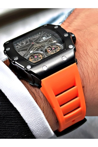 Navimarine Turuncu Renk Kare Spor Silikon Otomatik Business Erkek Kol Saati + BİLEKLİK HEDİYELİ - Resim 5