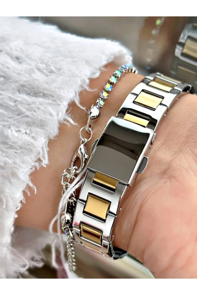 Ferrucci Altın Renk Kare Taşlı Model Roma Rakamlı Çelik Kordon Kadın Kol Saati + BİLEKLİK - Resim 3