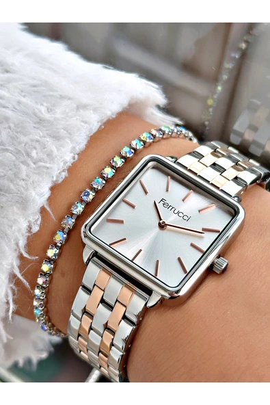 Ferrucci Altın Rose Gold Renk Kare Sade Model Büyük Kasa Kadın Kol Saati + BİLEKLİK ürün görseli 1