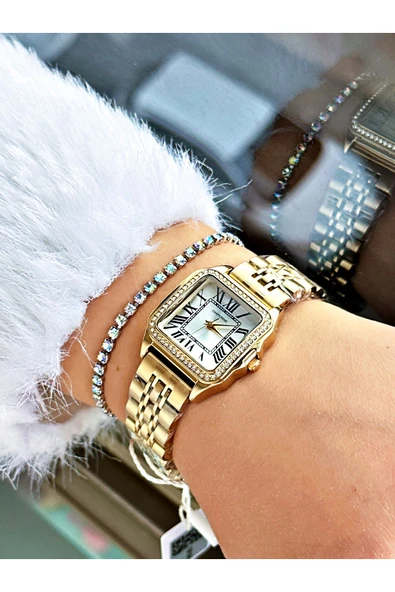 Chaperone Altın Renk Taşlı Model Kare Kadın Kol Saati + BİLEKLİK - Resim 2