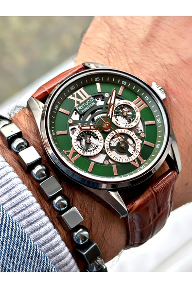 Ferrucci Kahverengi Deri Kordon Fonksiyonlu Erkek Kol Saati + BİLEKLİK HEDİYELİ - Resim 3