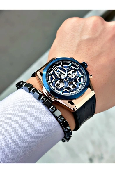 Fiesta Siyah Renk Fonksiyonlu Çelik Kasa Spor Deri Silikon Erkek Kol Saati + BİLEKLİK - Resim 2