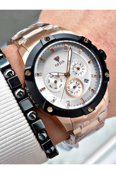Fiesta Gümüş Renk Fonksiyonlu Çelik Makine Garantili Erkek Kol Saati + BİLEKLİK - Resim 3