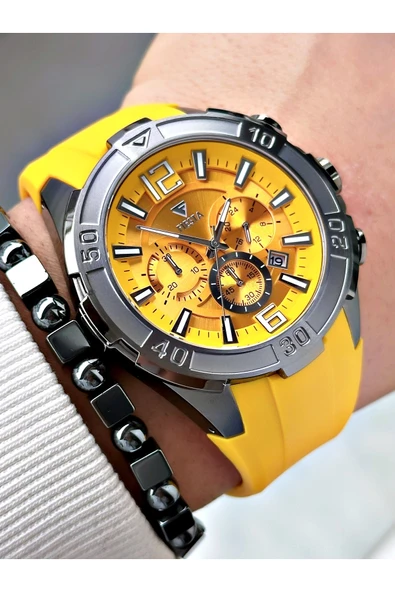 Fiesta Sarı Renk Spor Silikon Çelik Kasa Erkek Kol Saati + BİLEKLİK - Resim 2