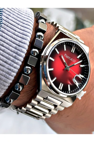 Ferrucci Gümüş Renk Klasik Takvimli Çelik Kordon Erkek Kol Saati + BİLEKLİK - Resim 4