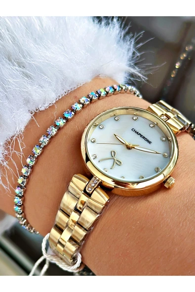 Chaperone Altın Renk Sade Model Kurdela Detaylı Kadın Kol Saati + BİLEKLİK ürün görseli 1