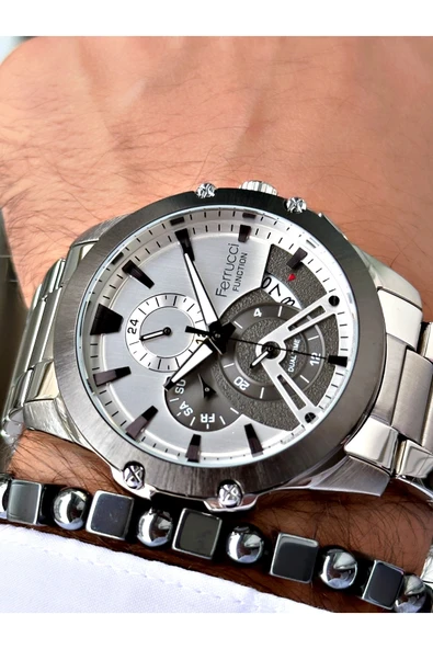 Ferrucci Gümüş Renk Spor Fonksiyonlu  Çelik Kordon Erkek Kol Saati + BİLEKLİK ürün görseli 1